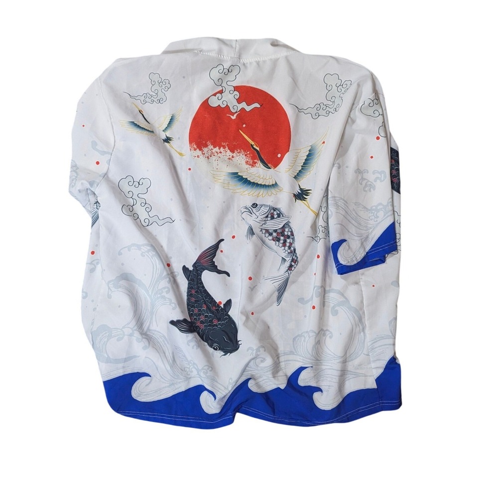 Costume Kimono Kids Large White Koi Fish Crane Wave Graphic Print Streetwear